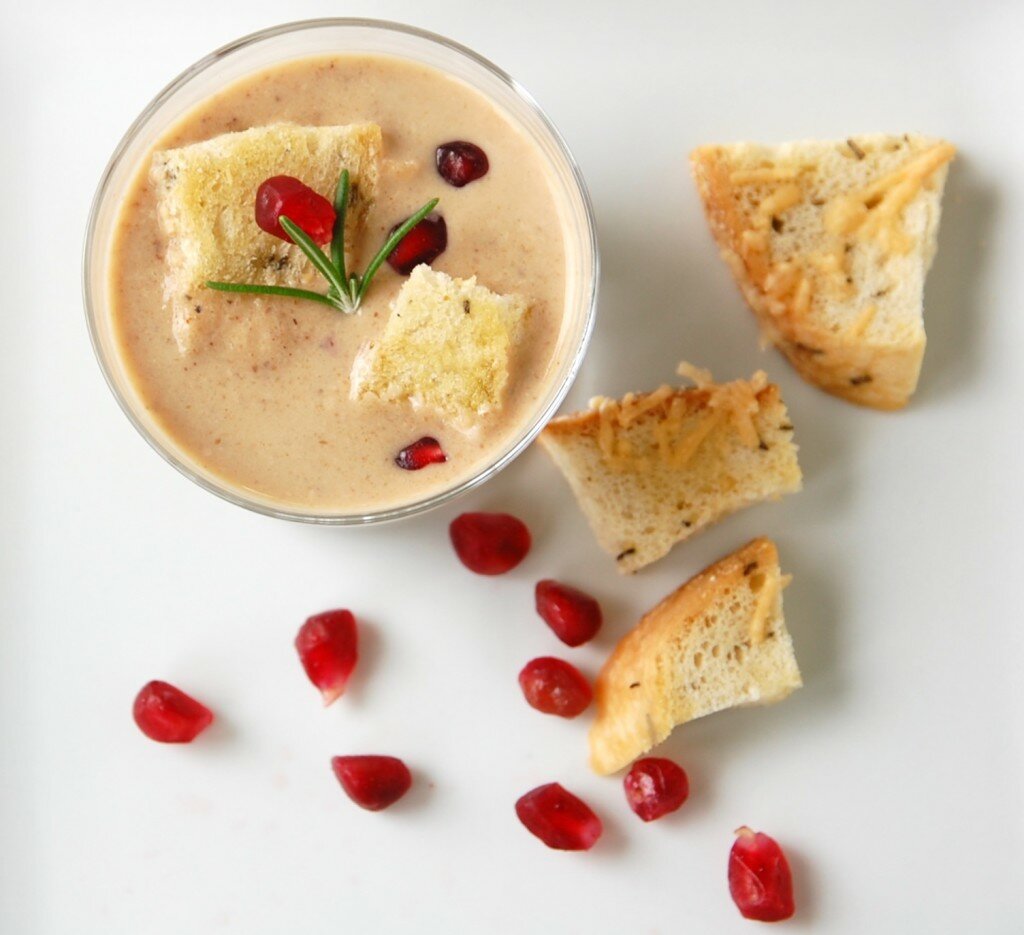 Roasted Cauliflower Soup with Truffled Croutons + Pomegranate